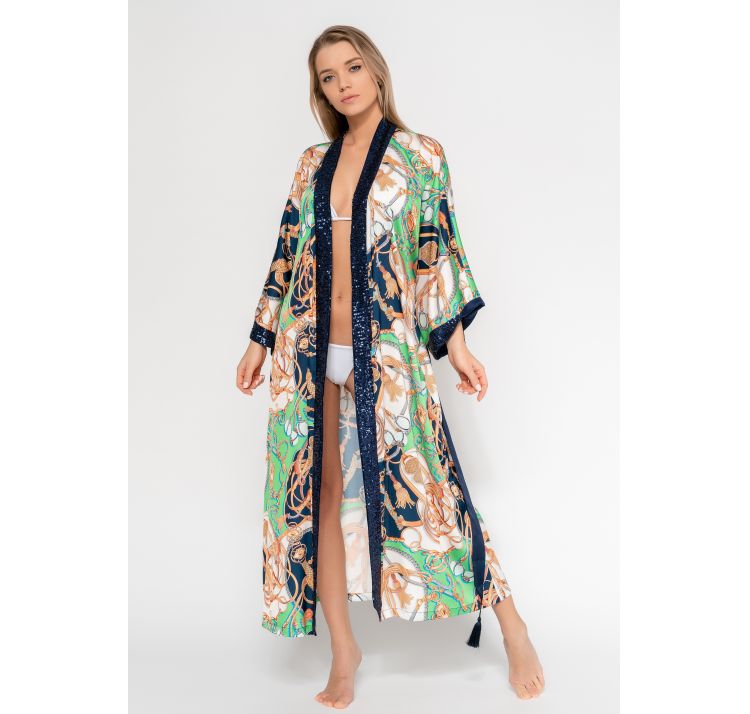 PAREO&JULIET kimono dŁugie zielono-biaŁo-granatowe