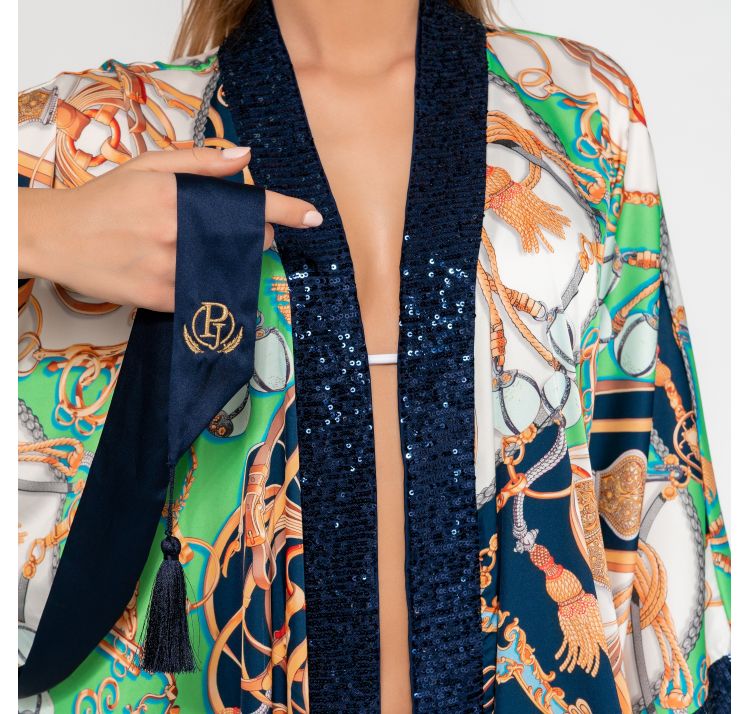 PAREO&JULIET kimono dŁugie zielono-biaŁo-granatowe